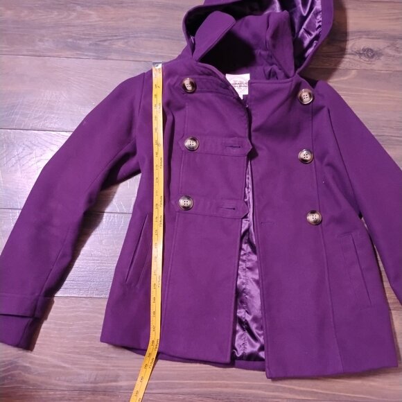 Hydraulic Purple Wool Blend Hooded Peacoat | Double-Breasted Button Front - Picture 5 of 8